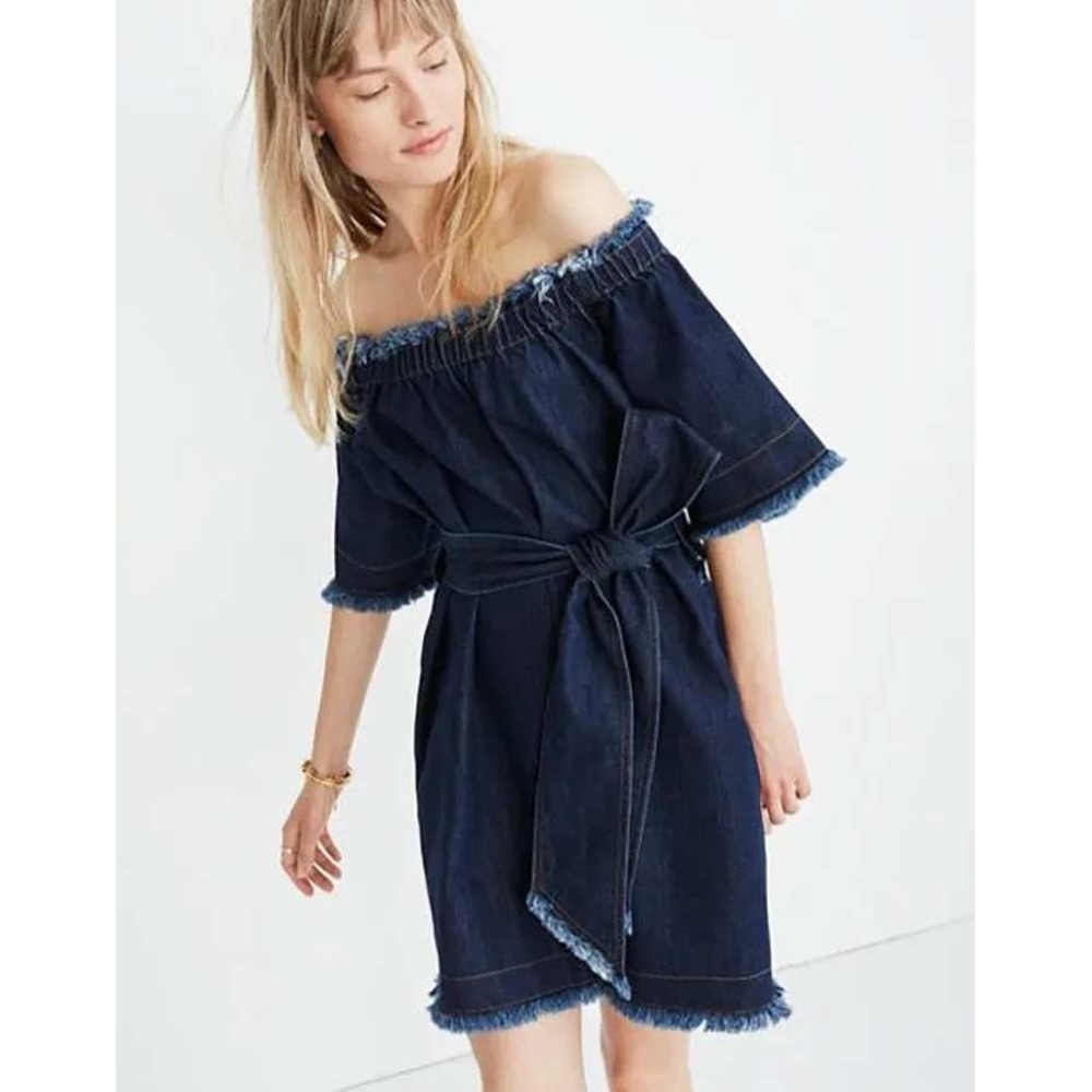 Madewell x Karen Walker Denim Off Shoulder Frayed Tie Waist Tunic Top XL